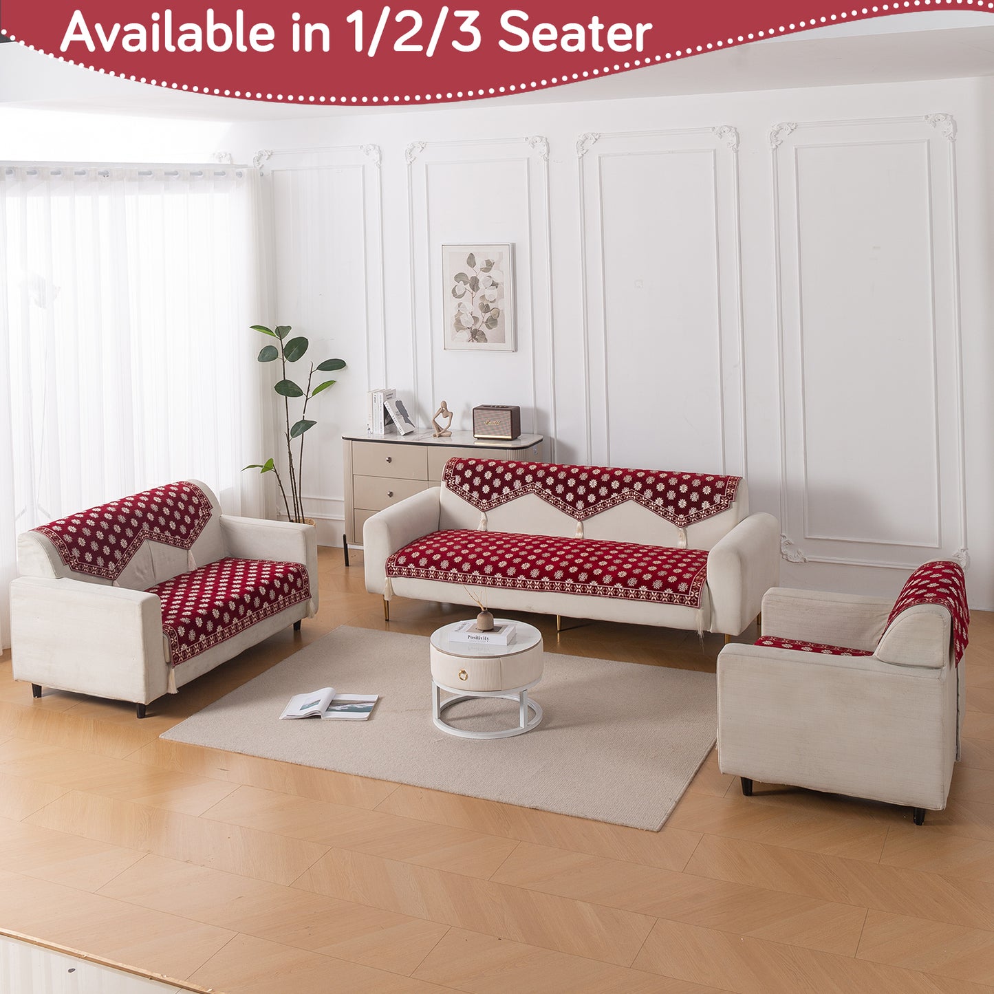Heritage Weave Premium Jacquard Sofa Cover Set with Tassels -  Crimson Red