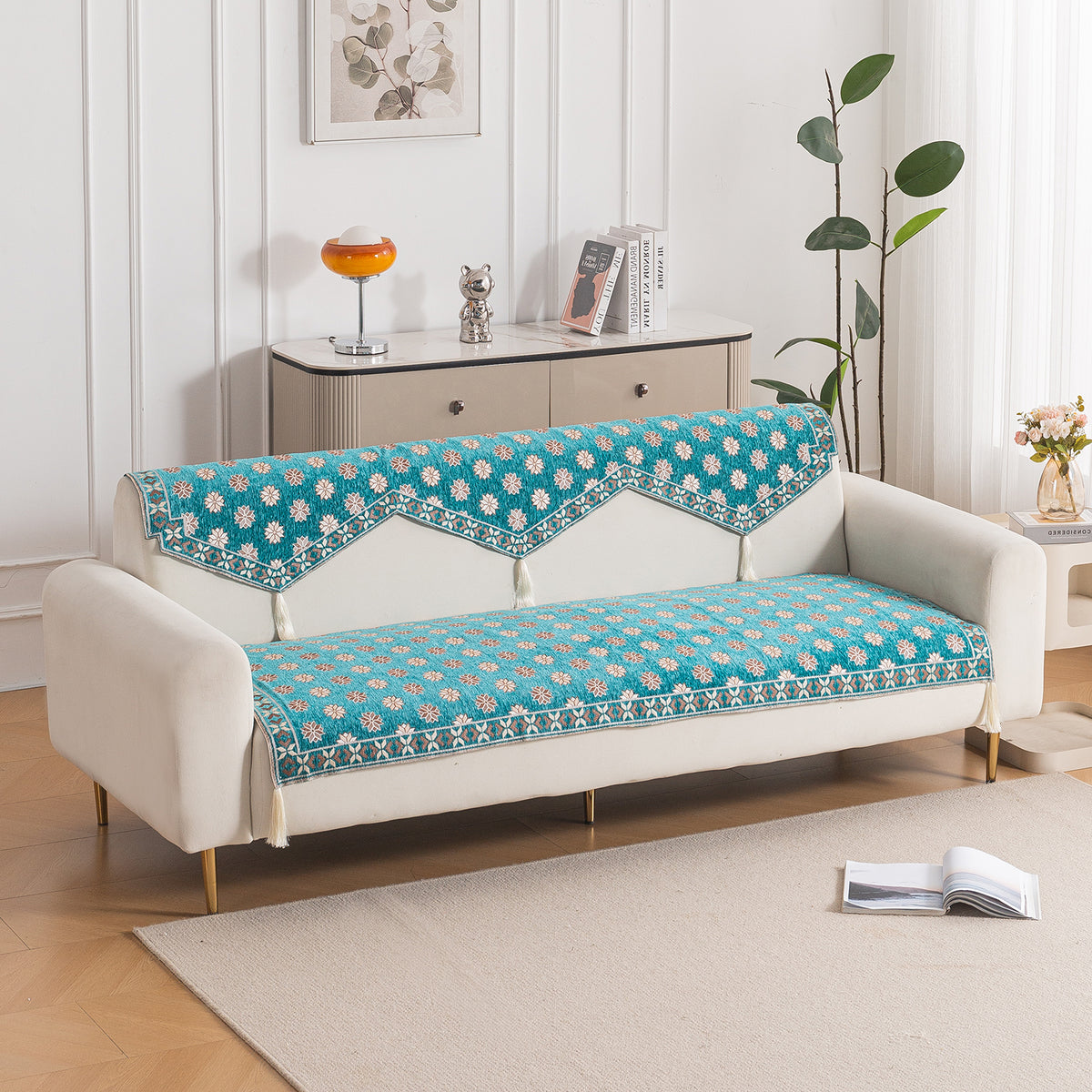 Heritage Weave Premium Jacquard Sofa Cover Set with Tassels - Emerald Teal