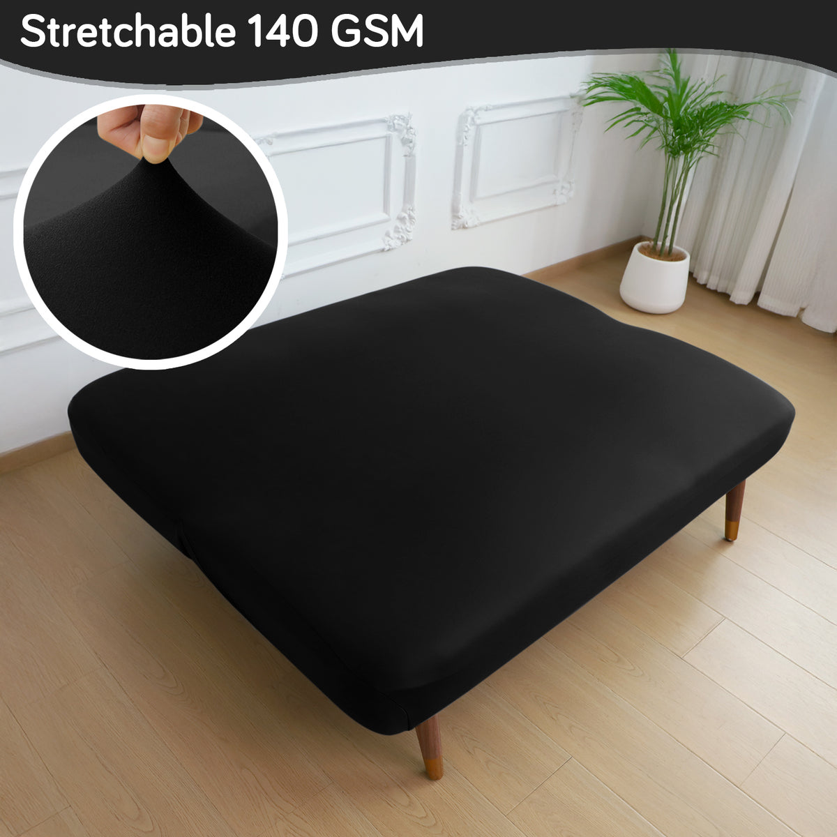 SereneSolids Stretchable Elastic Armless Sofa Cover – 140 GSM, Futon Slipcover, Easy Fit, Black