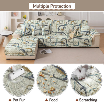 Elira Series Quilted One-Piece L Shape Sofa Cover Mat with Left and Right Chaise, Parchement Beige Abstract Art