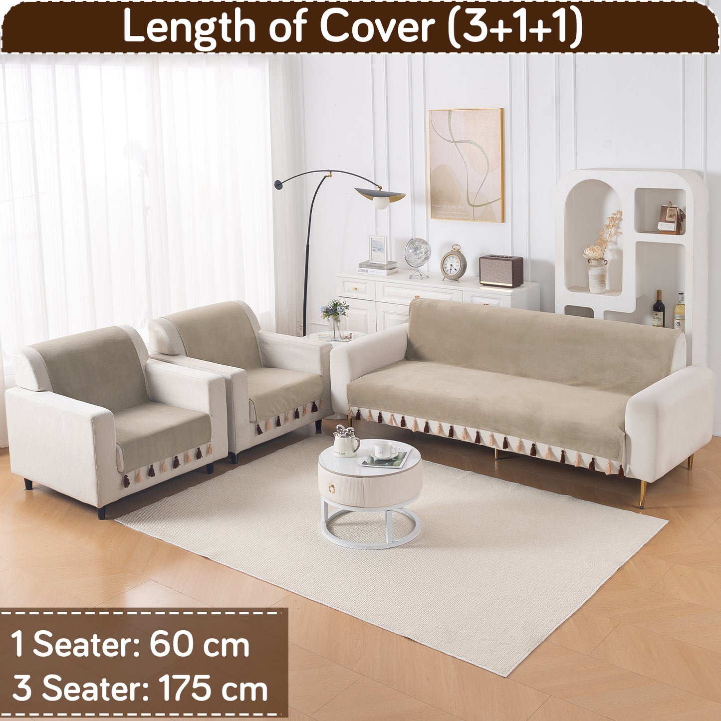 Holland Velvet 5-Seater Sofa Cover (3+1+1), TasselTone Series | Sand Beige
