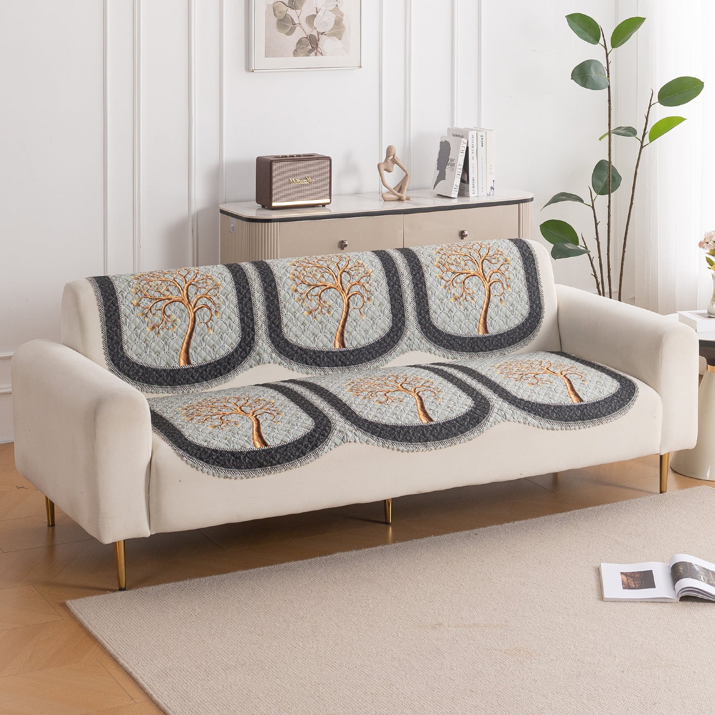 LoomVerse Quilted Sofa Cover Set Washable Sofa Panel for Seat & Back - Tranquil Tree