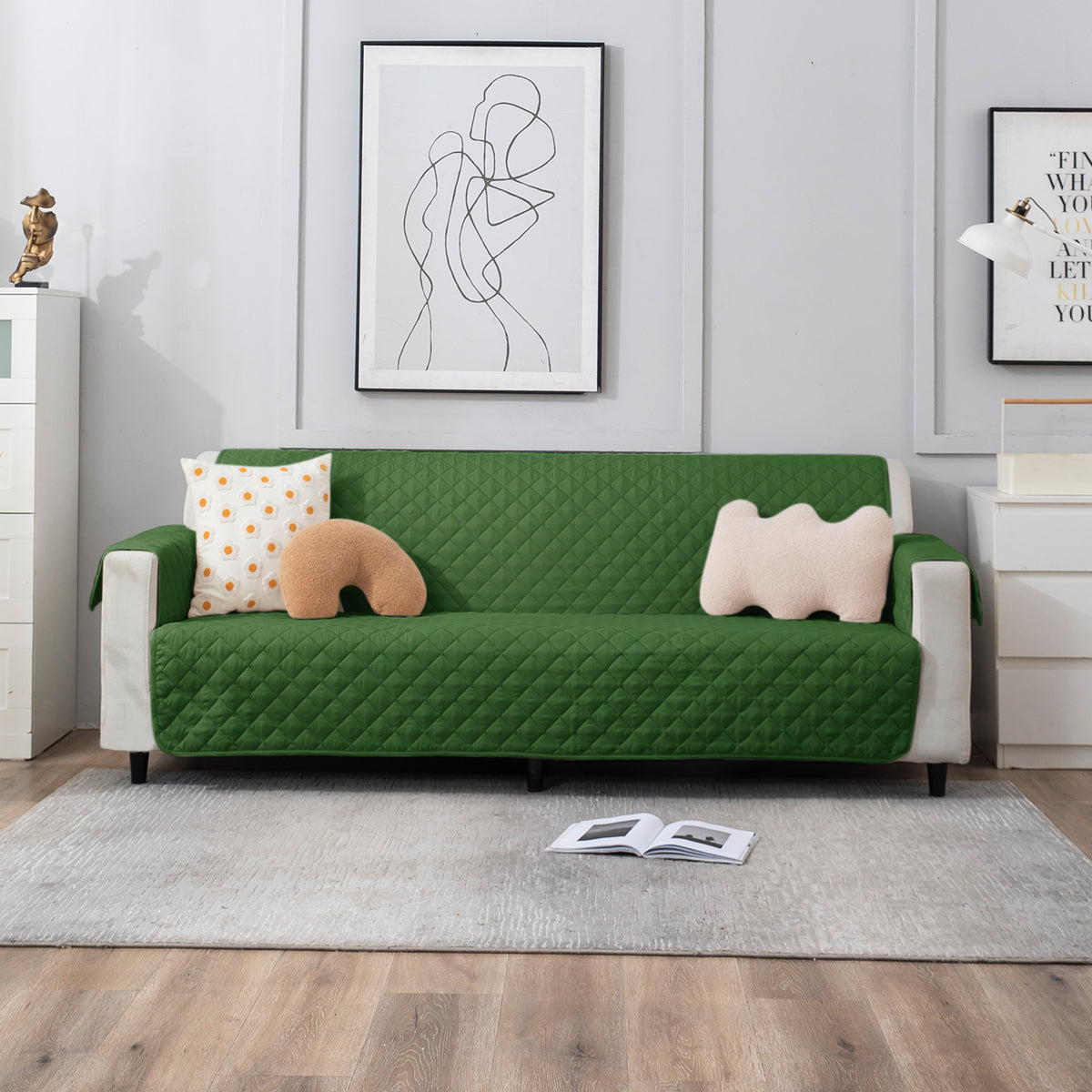 four Seater Forest Green quilted sofa cover set
