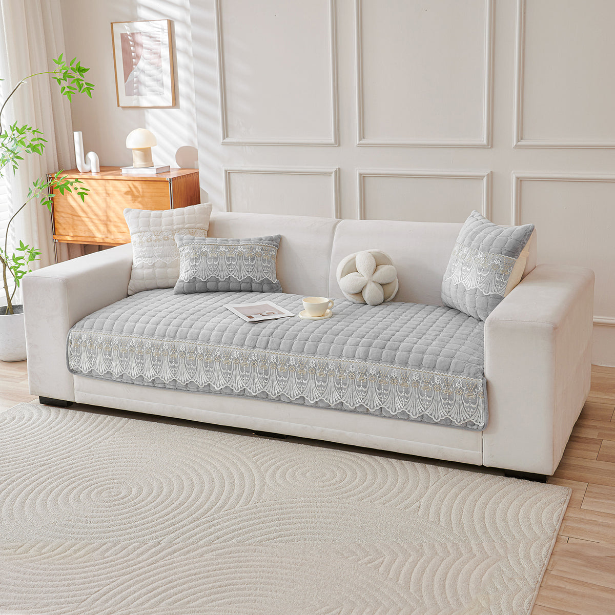 Premium Milk Velvet Sofa Cushion Cover with Lace Design, Cloud Grey