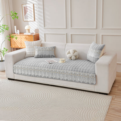 Premium Milk Velvet Sofa Cushion Cover with Lace Design, Cloud Grey