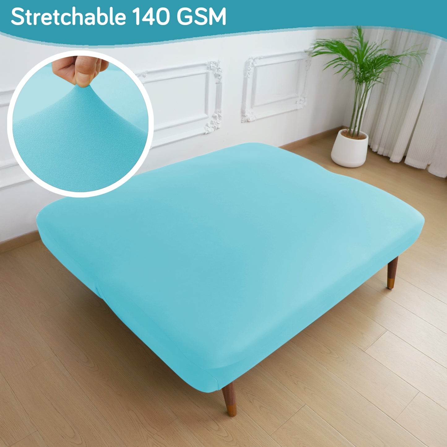 SereneSolids Stretchable Elastic Armless Sofa Cover – 140 GSM, Futon Slipcover, Easy Fit, Sky Blue