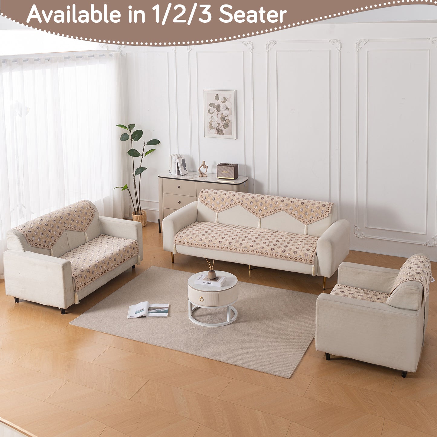 Heritage Weave Premium Jacquard Sofa Cover Set with Tassels - Sandy Beige