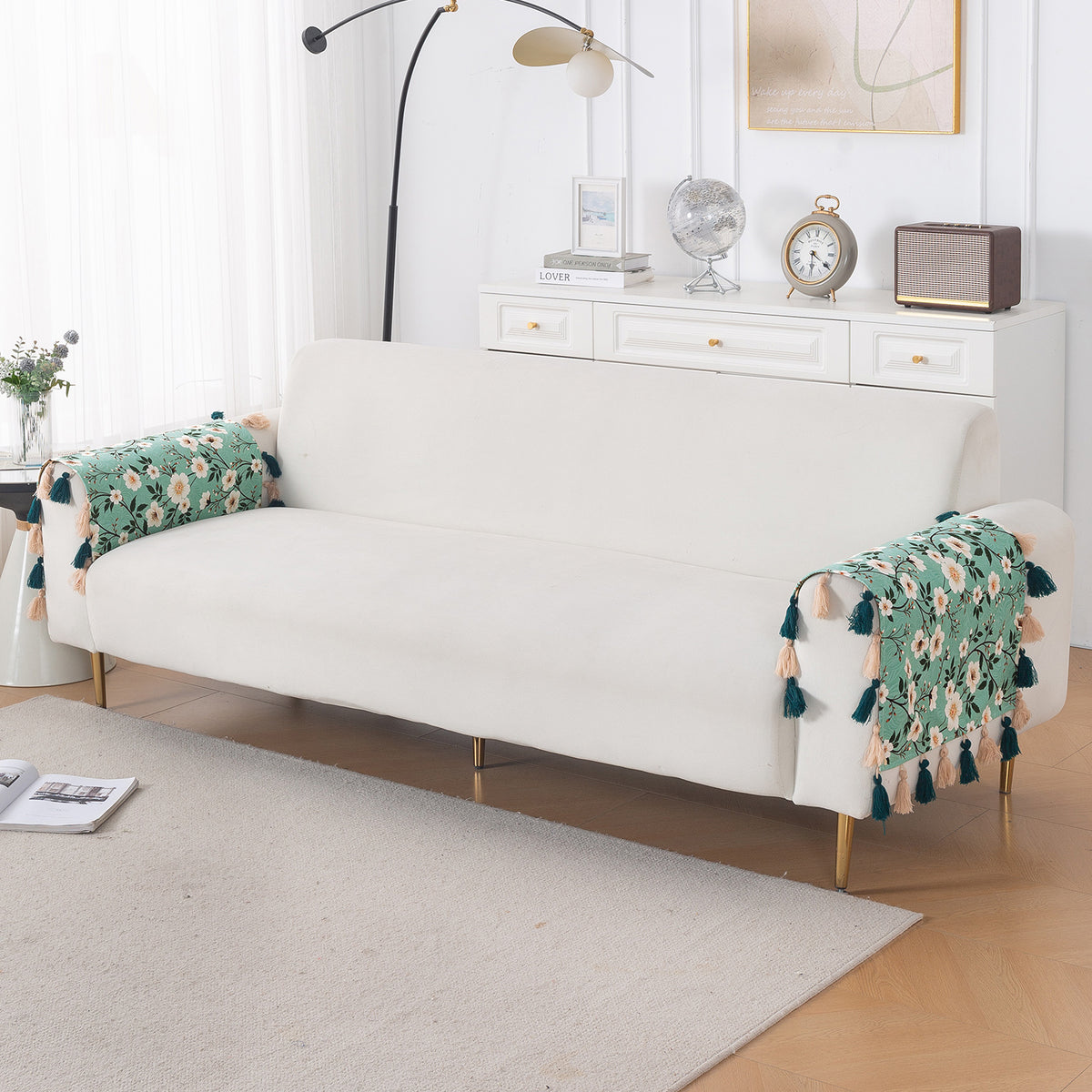 'Whispers of Nature' Series Holland Velvet Sofa Cover with Tassel, Sage Floral Vine