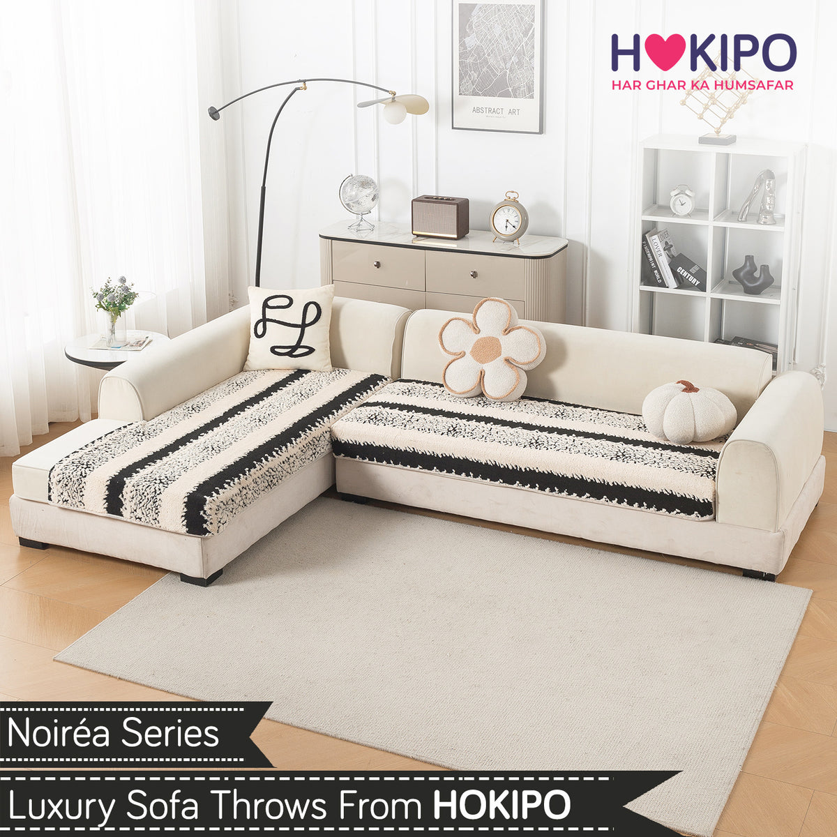 Luxury Plush Sherpa Anti Slip Combination Sofa Mat, 'Noirea Series'|Textured Stripe