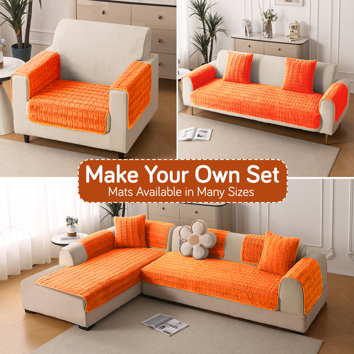 'Plush Haven' Premium Anti Slip Sofa Cover Mat, Orange