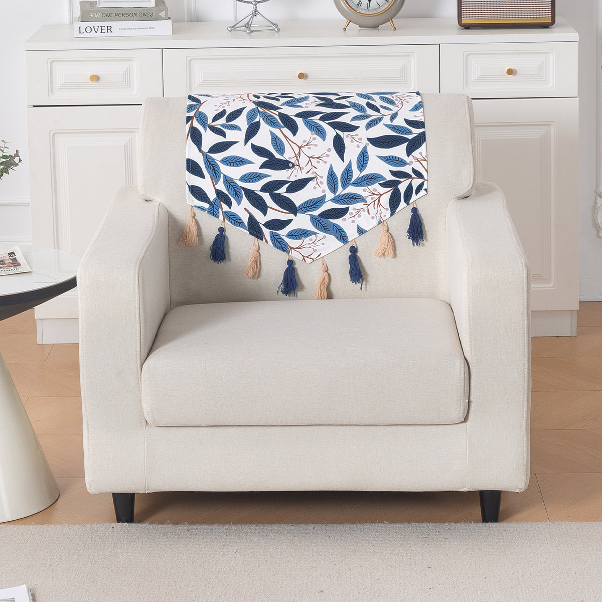 'Whispers of Nature' Series Holland Velvet Sofa Mat with Tassel, Indigo Foliage