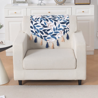 'Whispers of Nature' Series Holland Velvet Sofa Mat with Tassel, Indigo Foliage