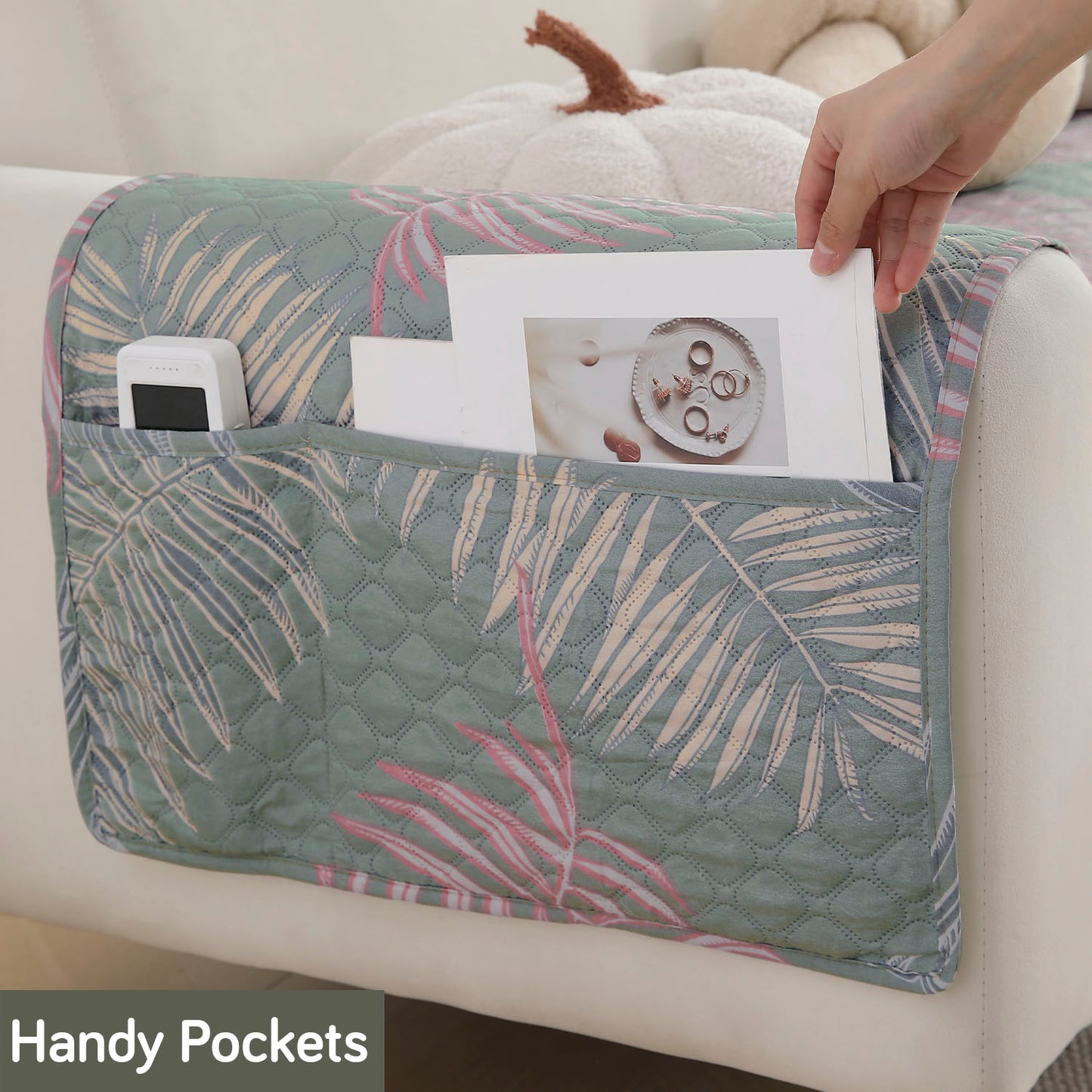 Quilted Sofa Seat Mat with Two Armrest Covers with Pockets for 1/2/3 Seater Sofa, Tropical Leaves Pastel Green