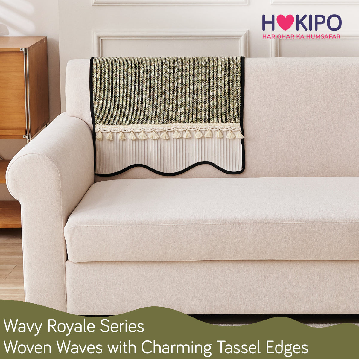 'Wavy Royale Series' Thick Woven Weave Chenille Sofa Cover with Tassel, Sage Green
