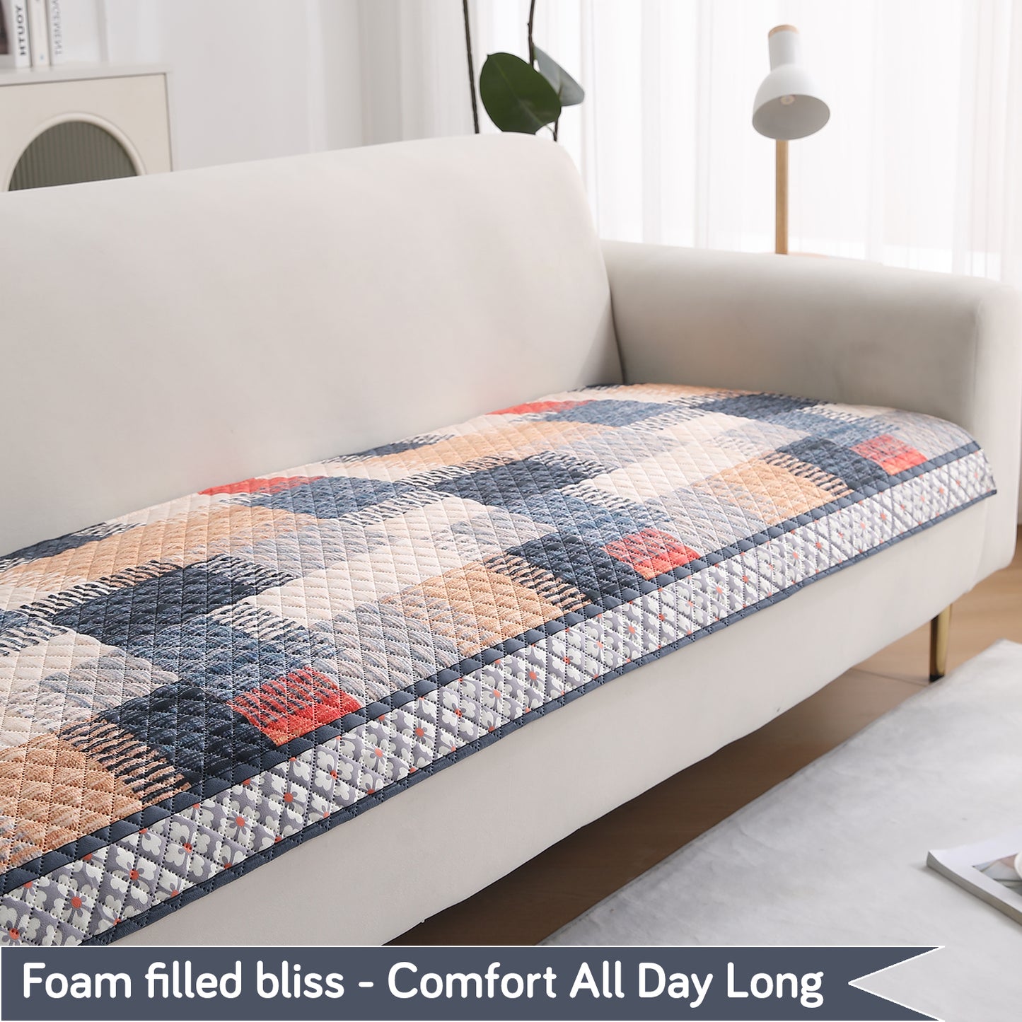 LiefNest Printed Holland Velvet L Shape Sofa Seat Mat with Foam Filling - Urban Grid Multicolor