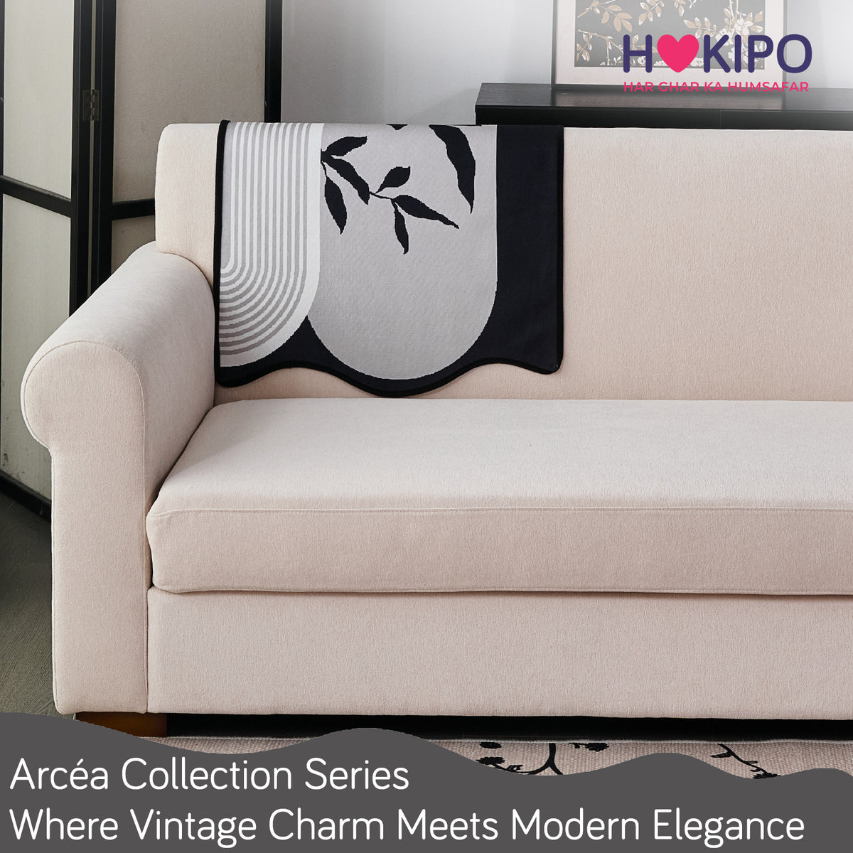 Arcea Chenille With Curved Edges Sofa Cover Mat, Grey Abstract Botanical
