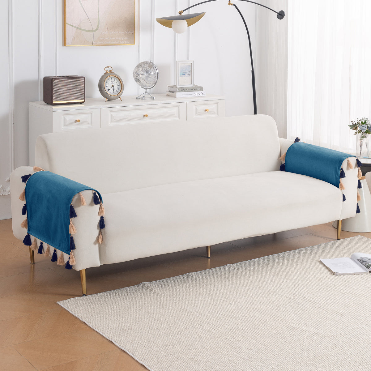 Tassel Tone Holland Velvet Sofa Cover Mat, Sea Blue