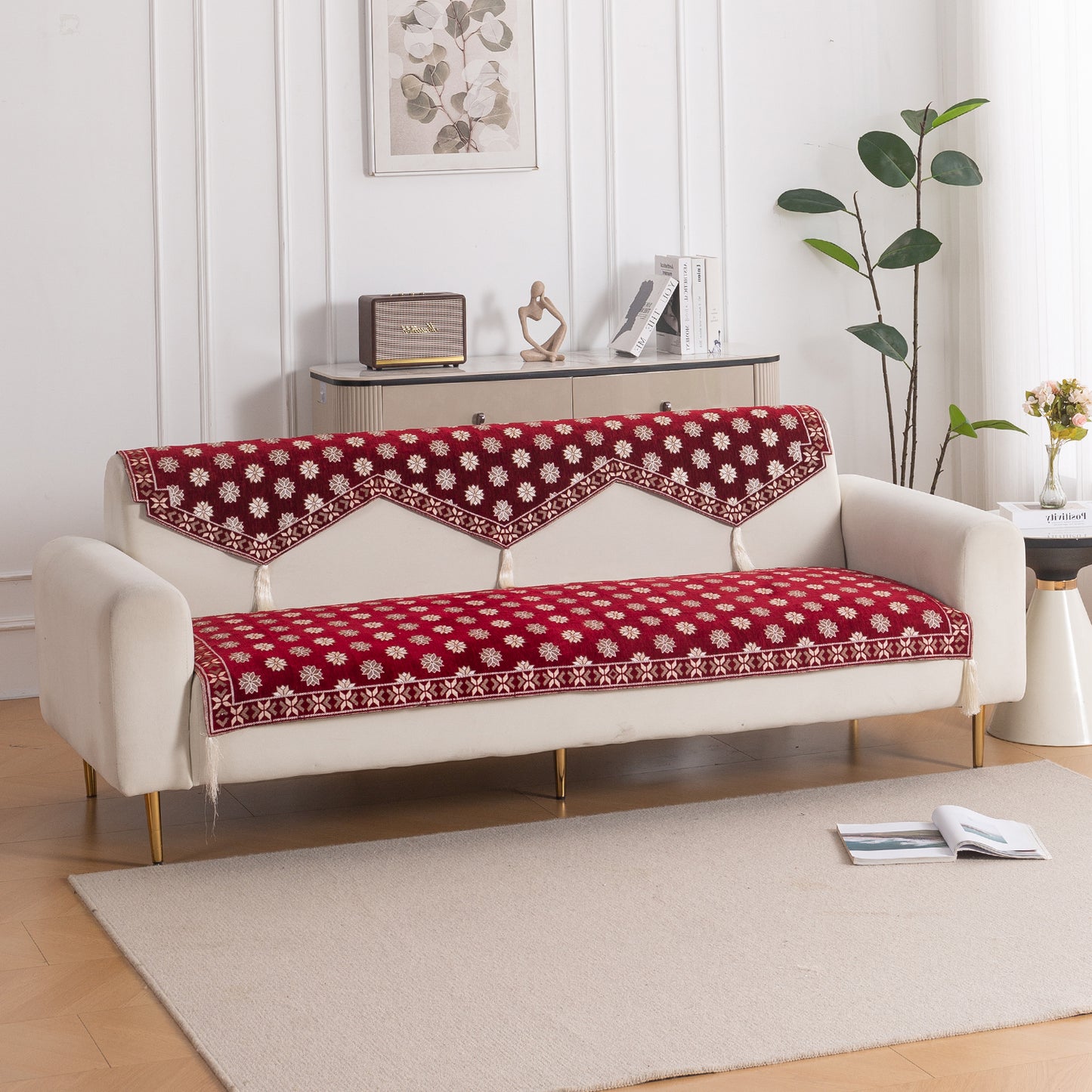 Heritage Weave Premium Jacquard Sofa Cover Set with Tassels -  Crimson Red