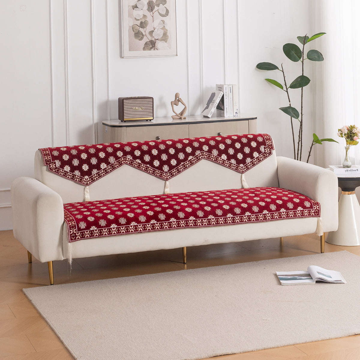 Heritage Weave Premium Jacquard Sofa Cover Set with Tassels -  Crimson Red