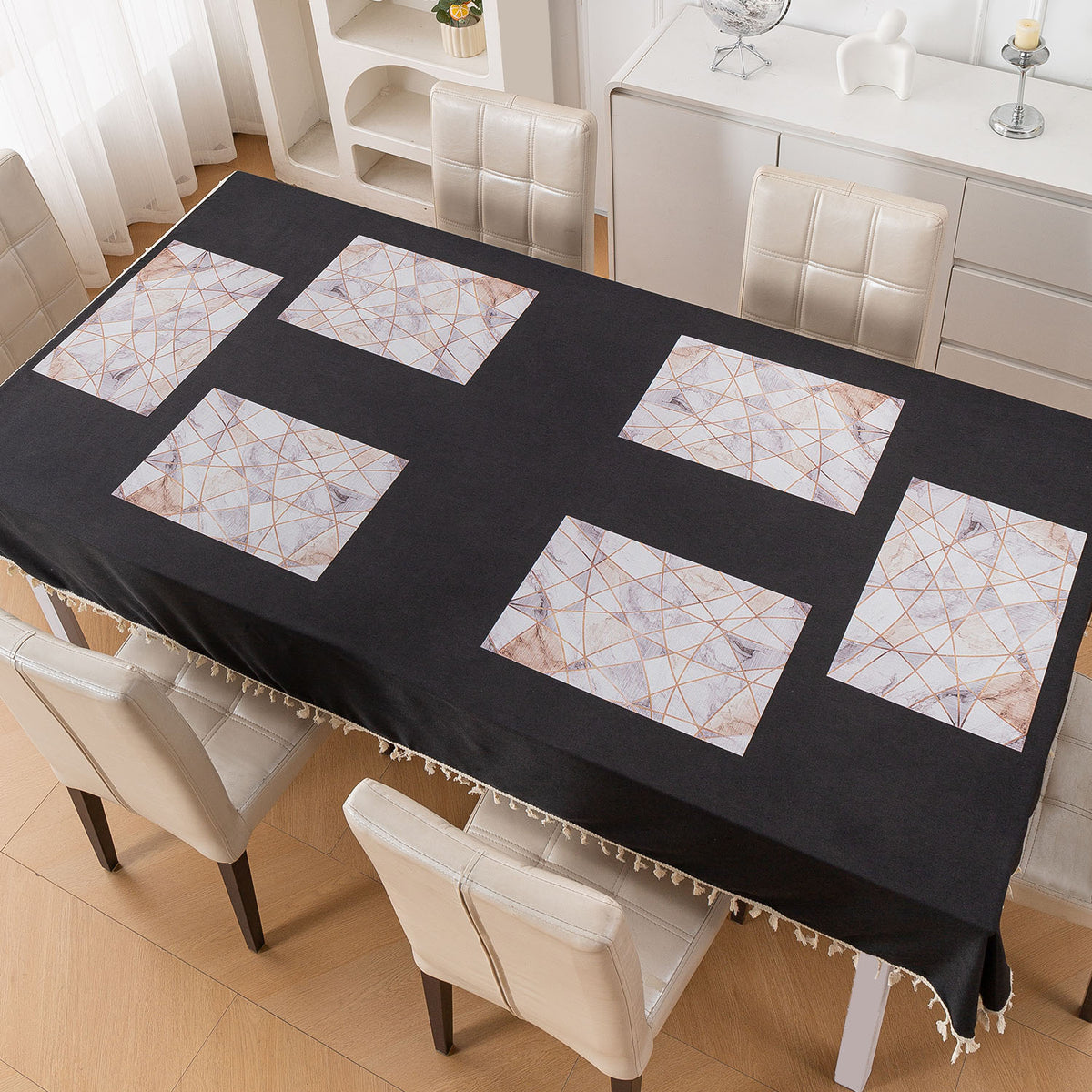 Marble Fusion PVC Mats for Dining Table, Angular Aura - Cream Gold