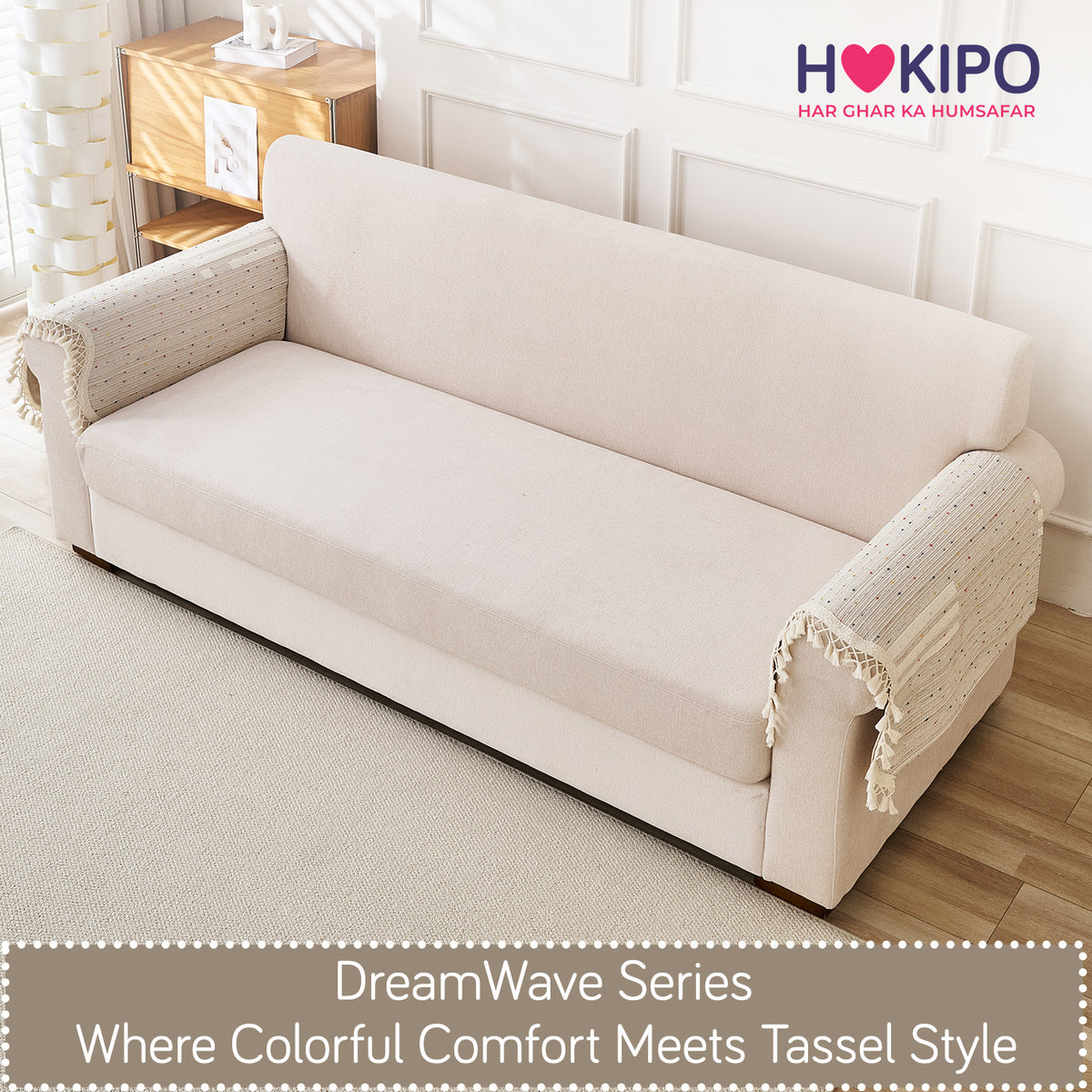DreamWave Chenille with Tassels Sofa Cover Mat, Pastel Sand
