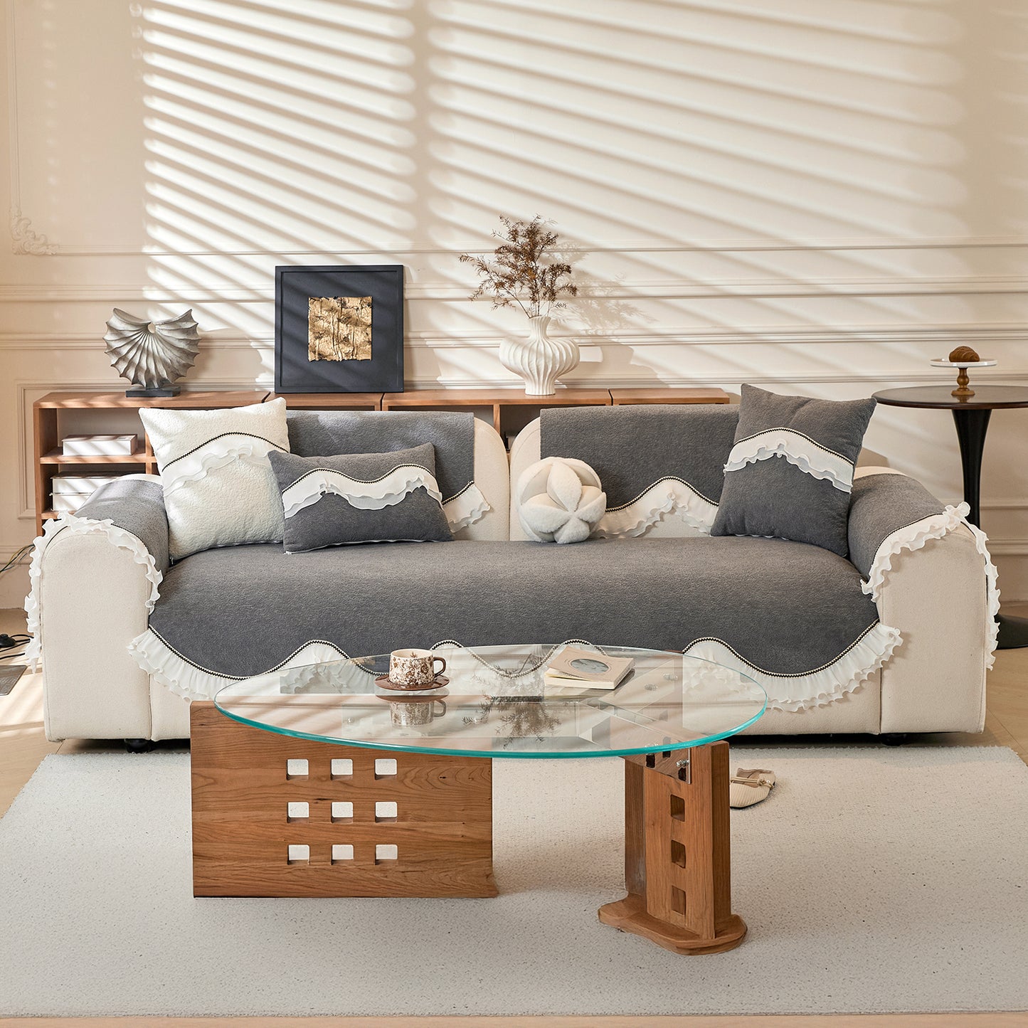 French Classic Frill Sofa Cushion Cover with Elegant Wavy Lace Design - Moonstone Grey