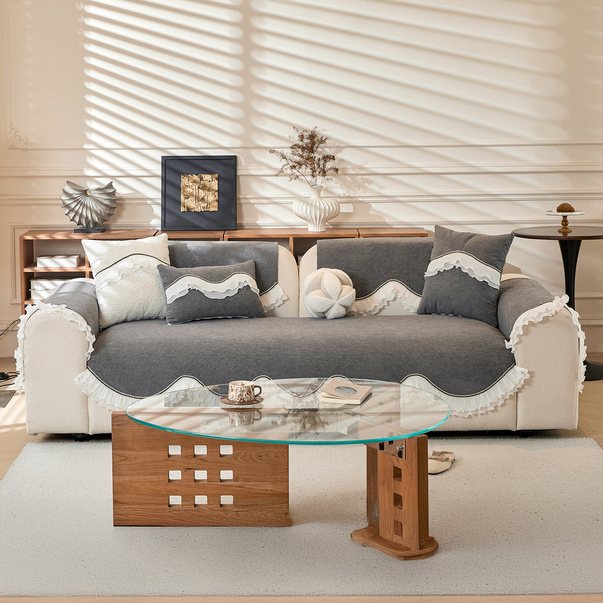 French Classic Frill Sofa Cushion Cover with Elegant Wavy Lace Design - Moonstone Grey
