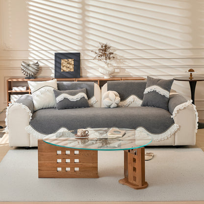 French Classic Frill Sofa Cushion Cover with Elegant Wavy Lace Design - Moonstone Grey