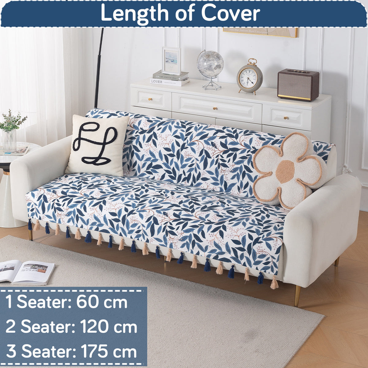 'Whispers of Nature' Series Holland Velvet Sofa Cover with Tassel, Indigo Foliage