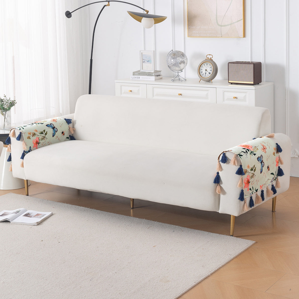 'Whispers of Nature' Series Holland Velvet Sofa Cover with Tassel, Pastel Butterfly Meadow