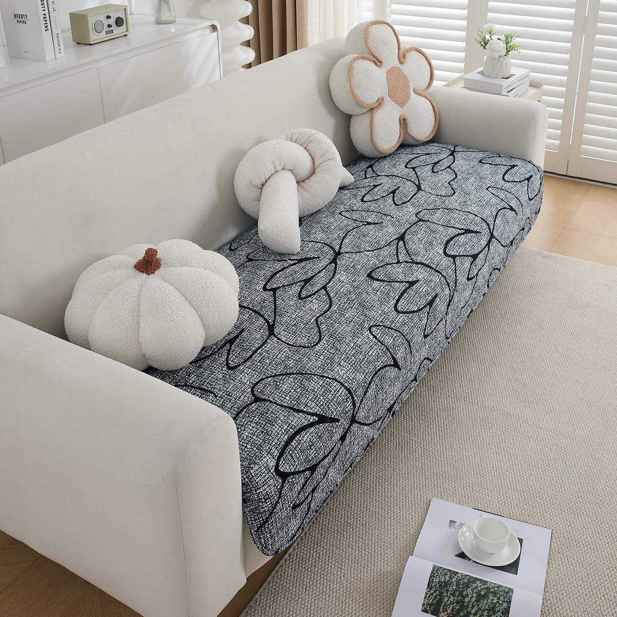 Water Repellent + Waterproof Quilted Sofa Mats, Intense Grey Abstract Floral