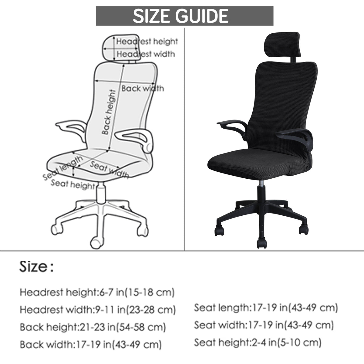 Water Repellent Office Chair Cover with Headrest (High-Back) – 210 GSM Stretch Jacquard – Washable, Anti-Slip Fit for Ergonomic Mesh Office Chairs, Black