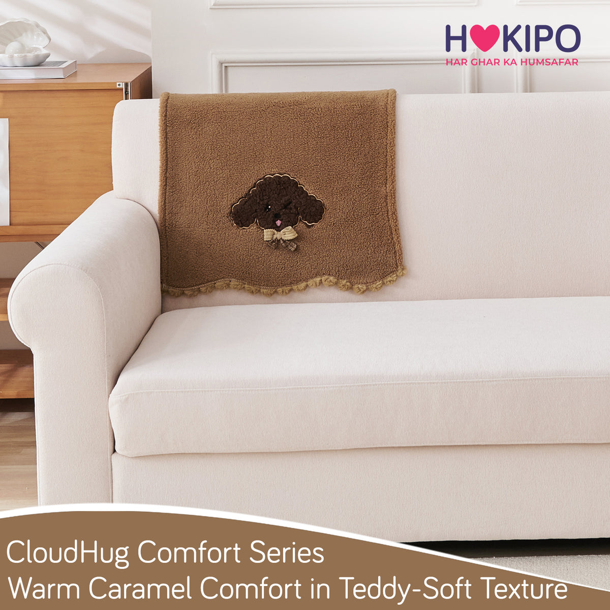 CloudHug Plush Sofa Cover Mat with PomPom and Wavy Edges, Mocha Cocoa
