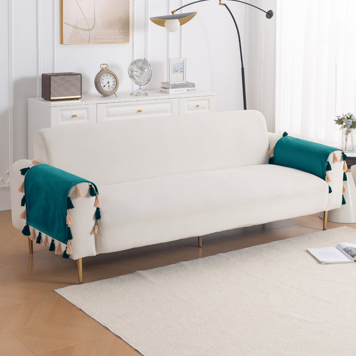 Tassel Tone Holland Velvet Sofa Cover Mat, Teal