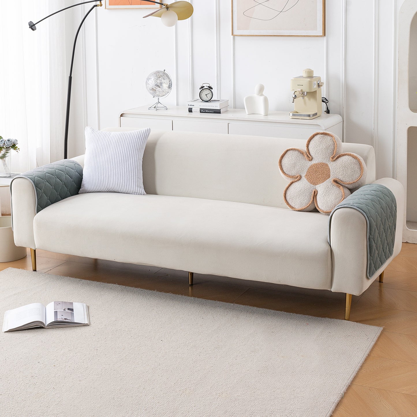 Diamond Tuft Plush Sofa Cover Mat, Stone Grey