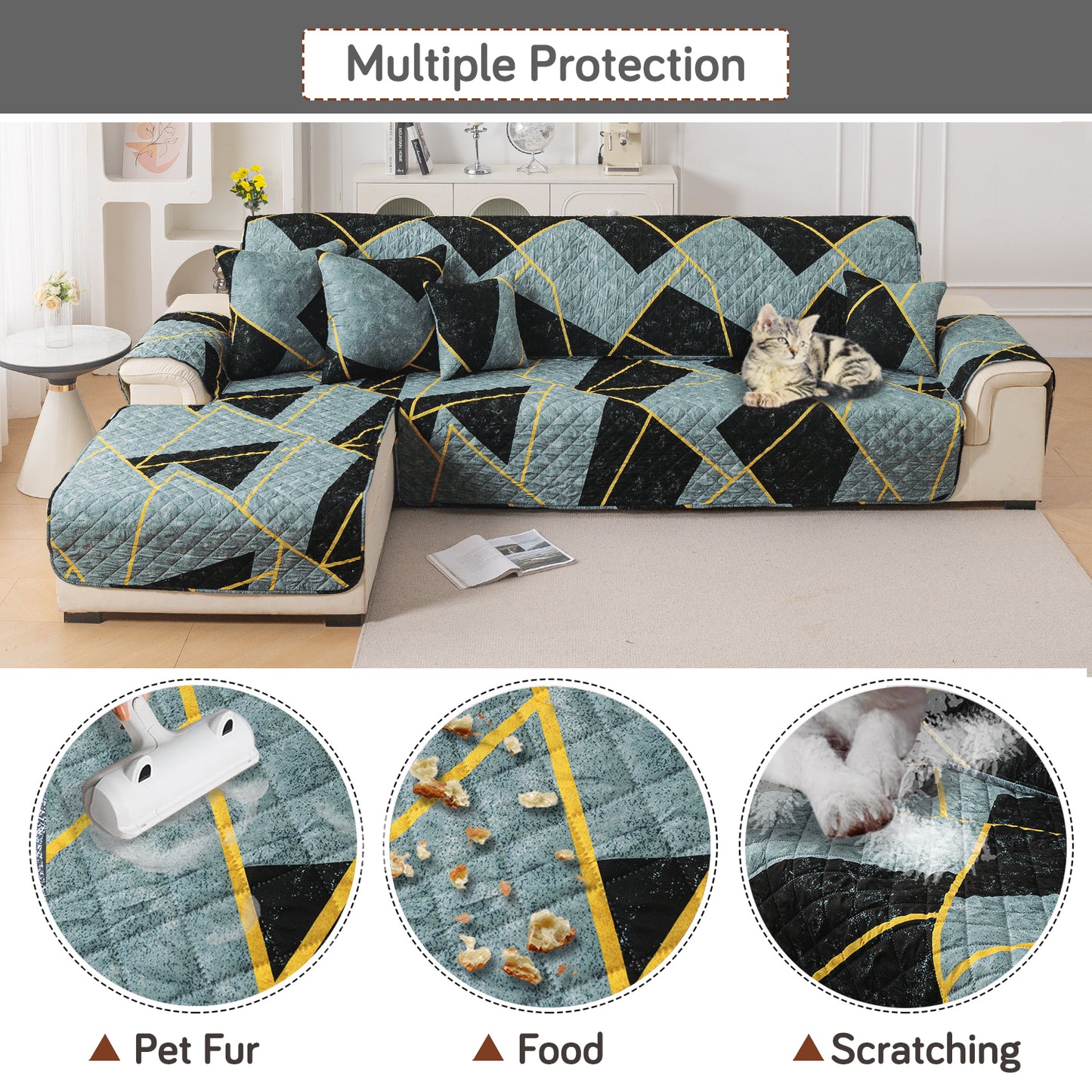 Elira Series Quilted One-Piece L Shape Sofa Cover Mat with Left and Right Chaise, Multicolor Abstract Geometry