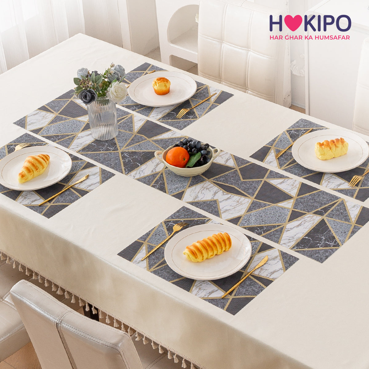 Marble Fusion PVC Mats for Dining Table, Geo Triangles - Charcoal Grey