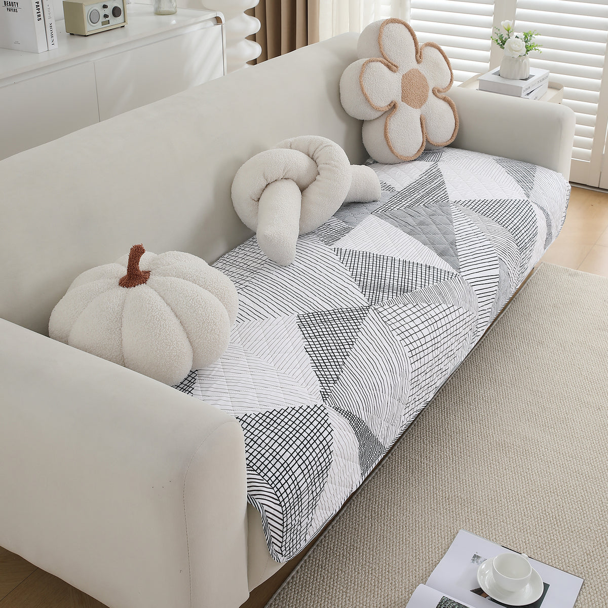 Water Repellent + Waterproof Quilted Sofa Mats, Snow White Black Geometry
