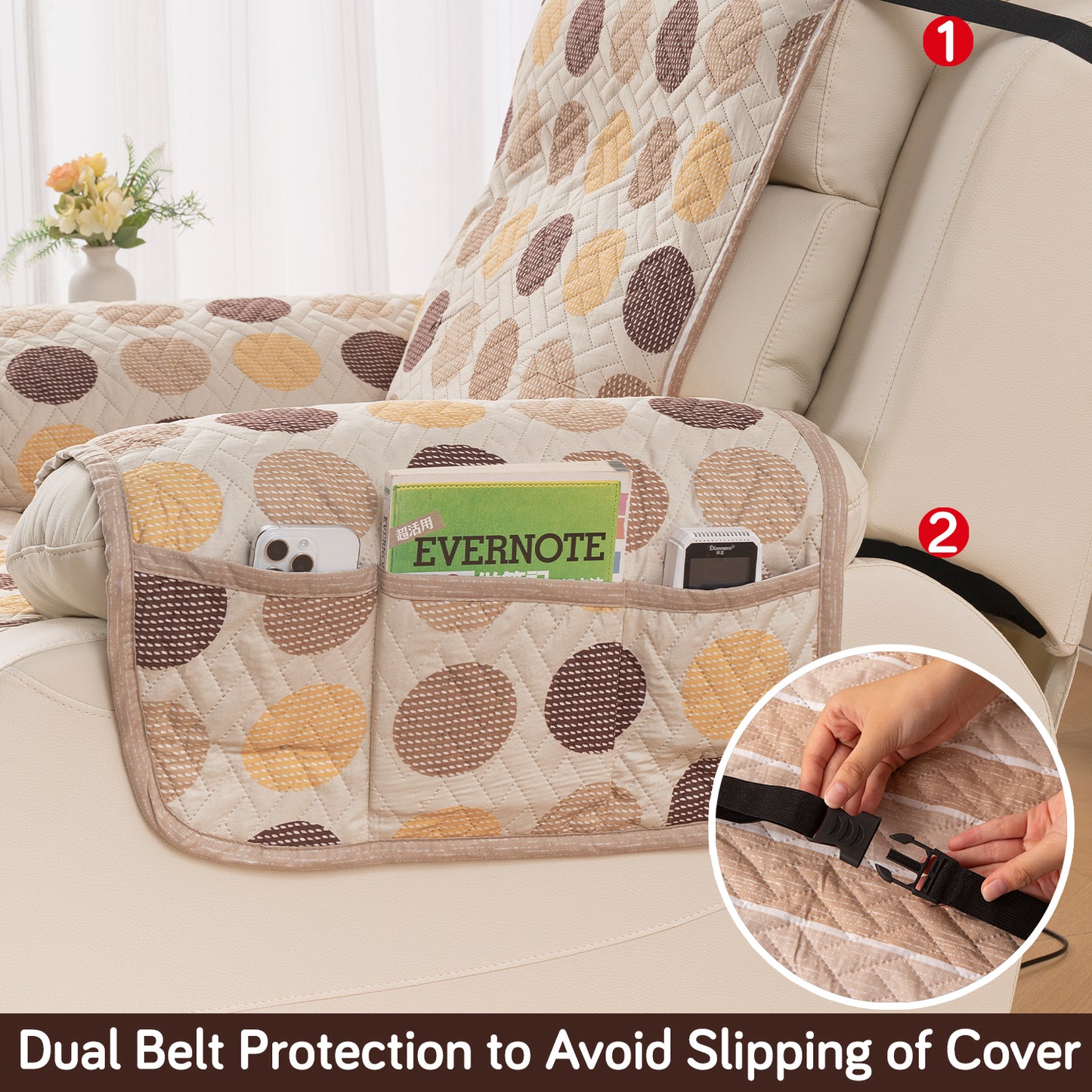 Quilted Cover for Recliner Sofa with SecureFit Belt & Side Pocket, Brown Polka Dot