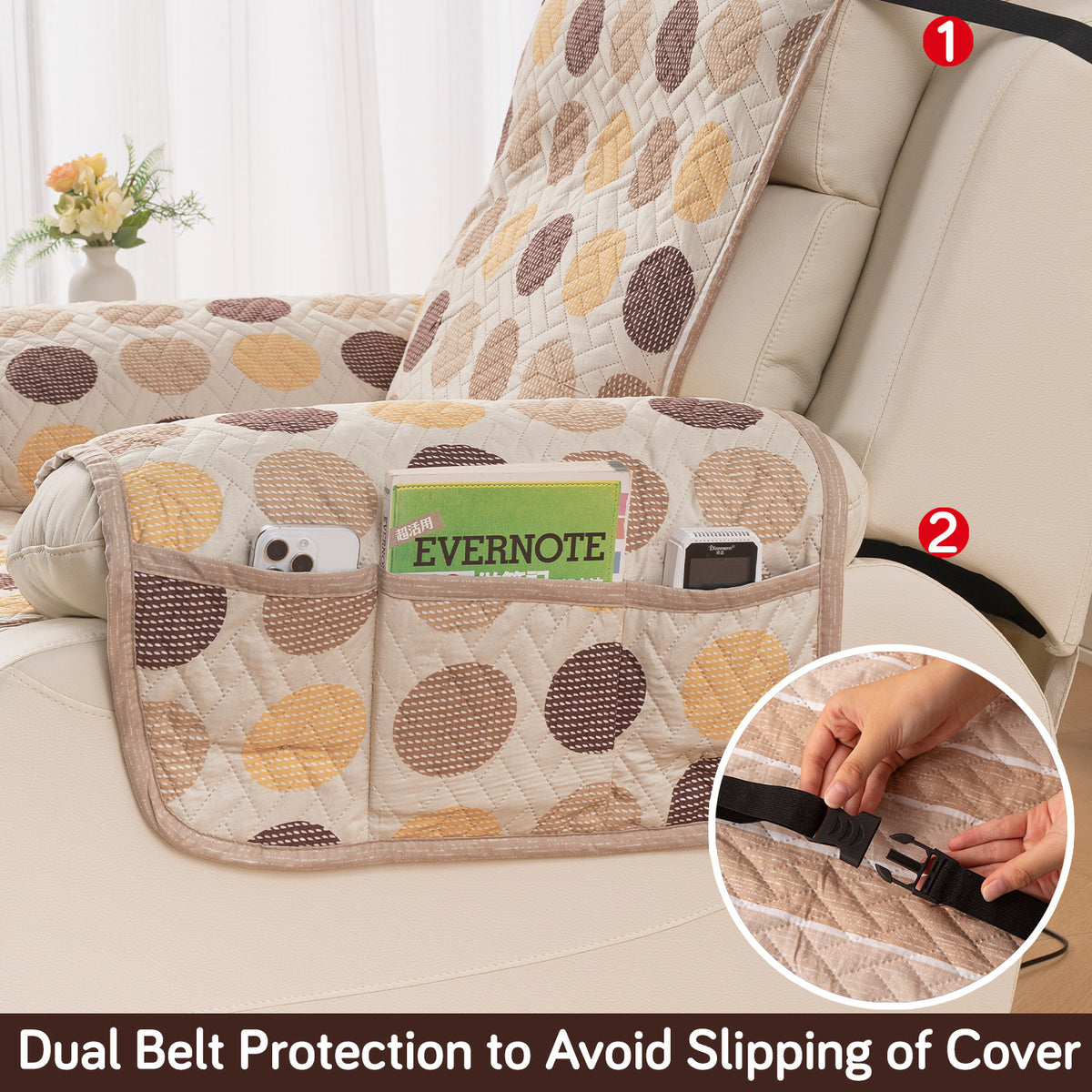 Quilted Cover for Recliner Sofa with SecureFit Belt & Side Pocket, Brown Polka Dot