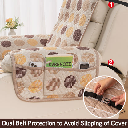 Quilted Cover for Recliner Sofa with SecureFit Belt & Side Pocket, Brown Polka Dot