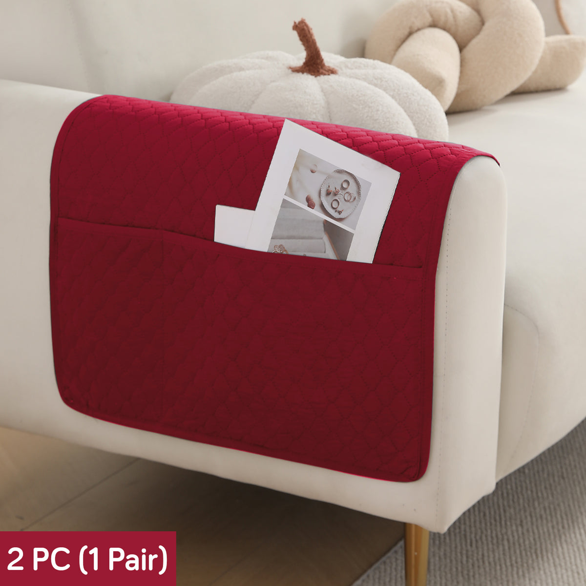2 Pcs Quilted Sofa Armrest Cover, Maroon