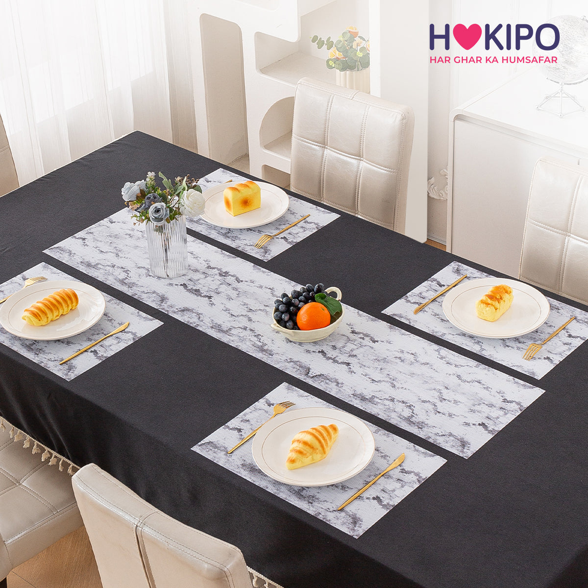 Marble Fusion PVC Mats for Dining Table, Misty Clouds - Spanish Grey