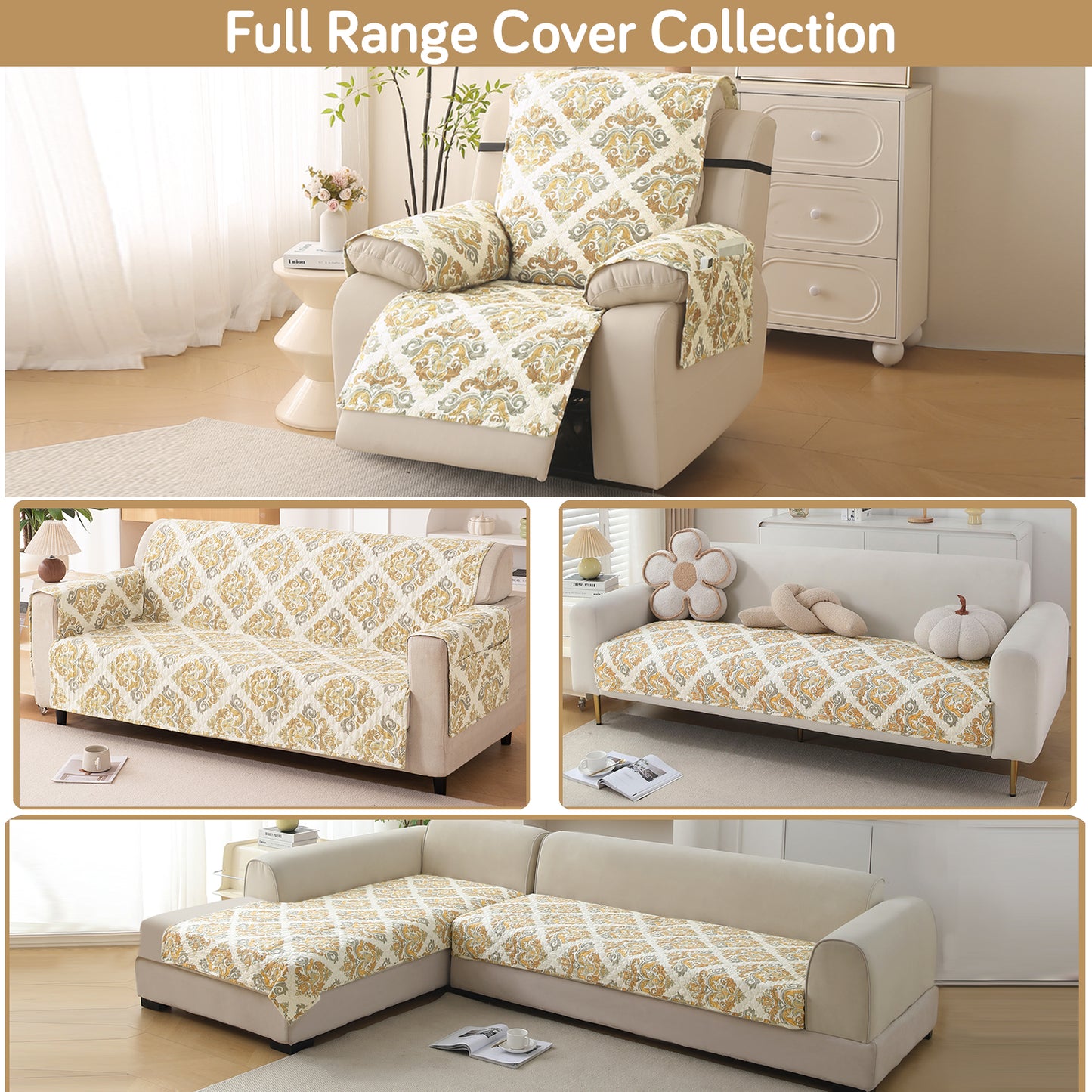 Quilted Printed Recliner Mats for 1 Seater Recliner Sofa, Damask Beige