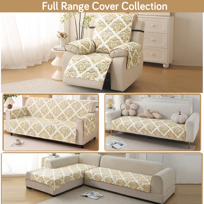 Quilted Printed Recliner Mats for 1 Seater Recliner Sofa, Damask Beige