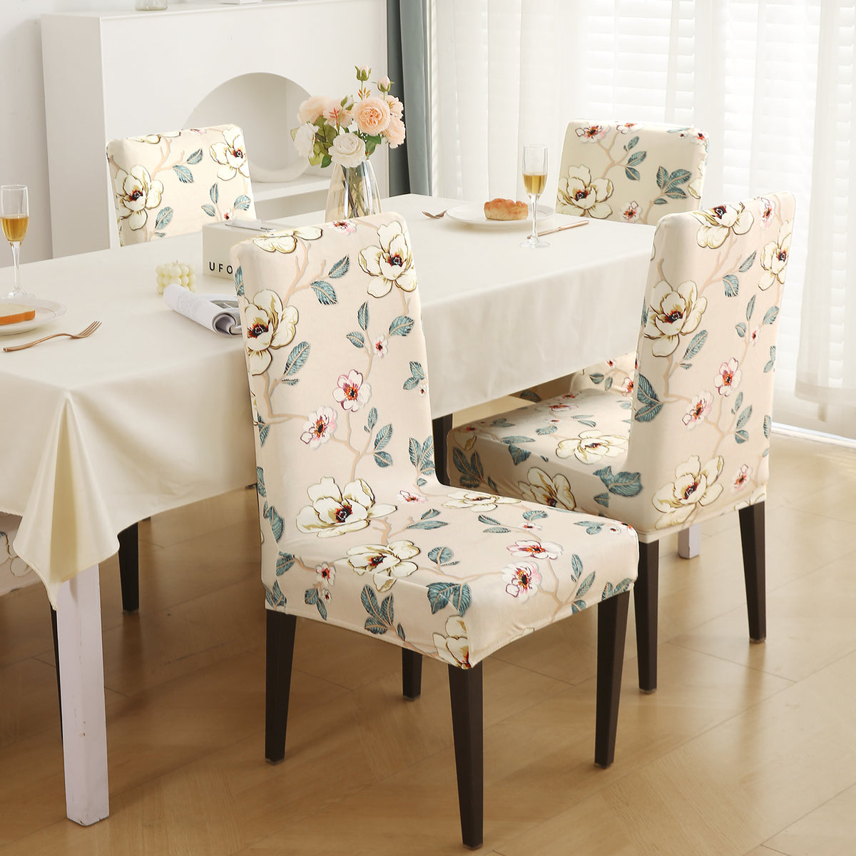 Premium Printed Velvet Dining Chair Cover Set, Buttercream Magnolia Whisper