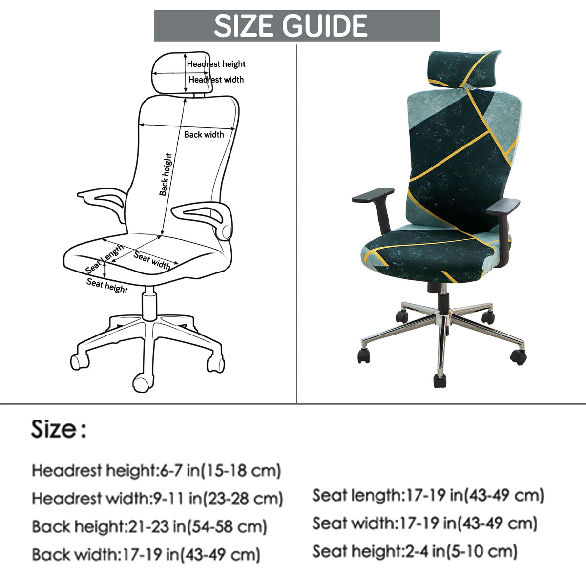 Printed Office Chair Cover with Headrest (High-Back) – 140 GSM Stretch Fabric – Washable, Anti-Slip Fit for Ergonomic Mesh Office Chairs, Multicolor Abstract Geometry