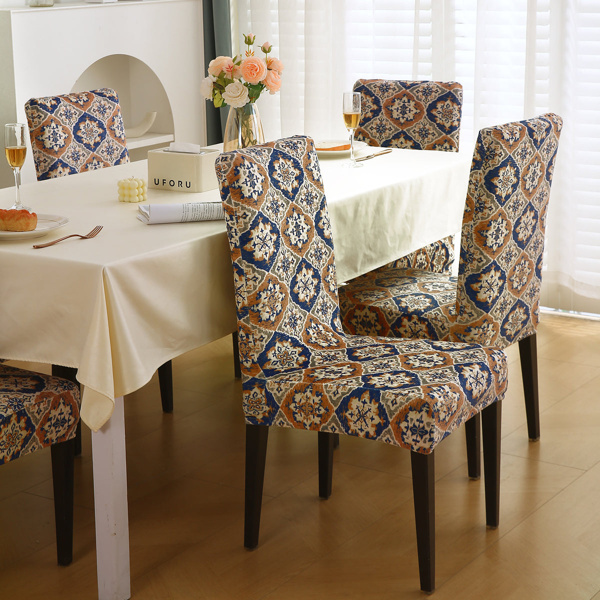 Premium Printed Velvet Dining Chair Cover Set, Indigo Moroccan Charm