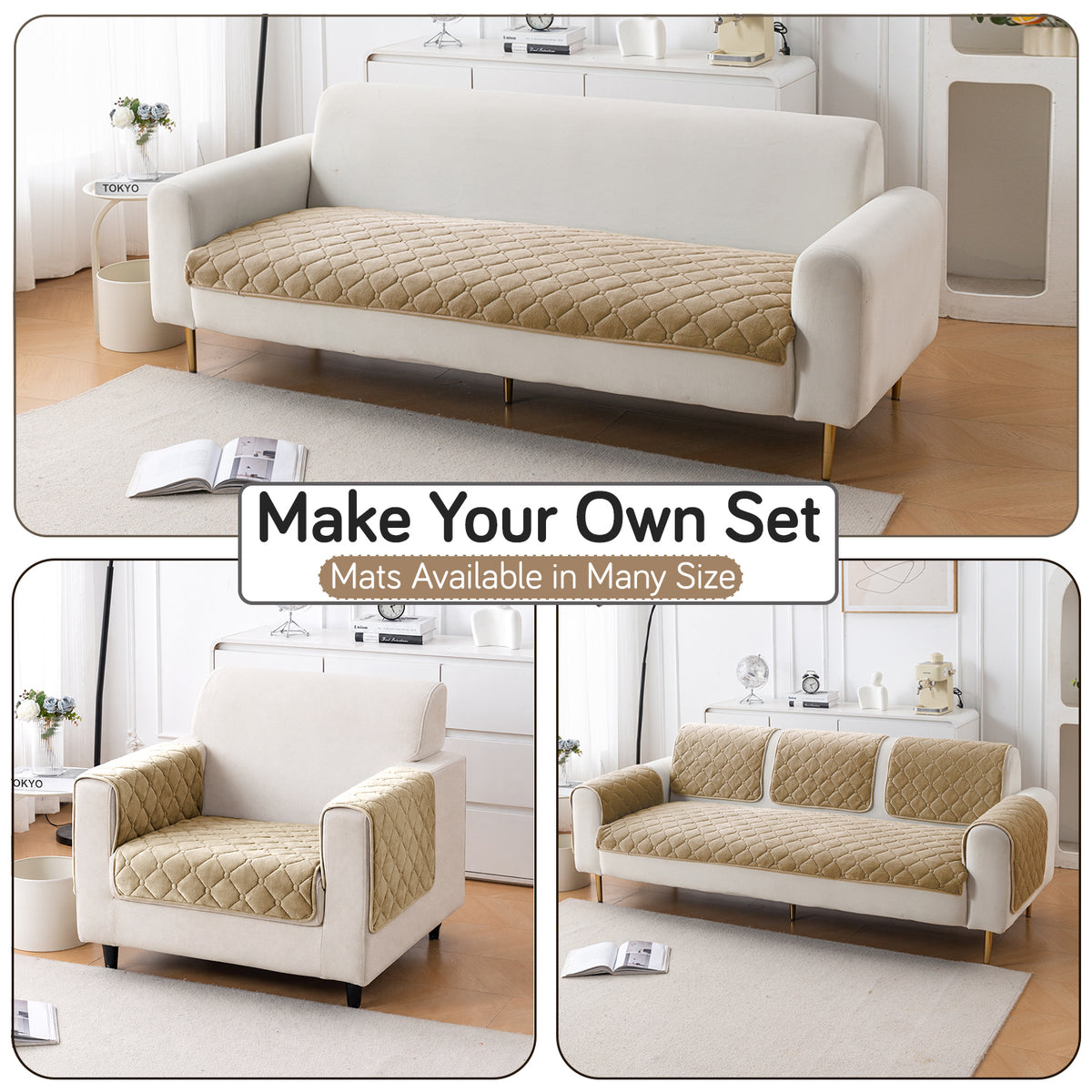 Diamond Tuft Plush Sofa Cover Mat, Sand Beige