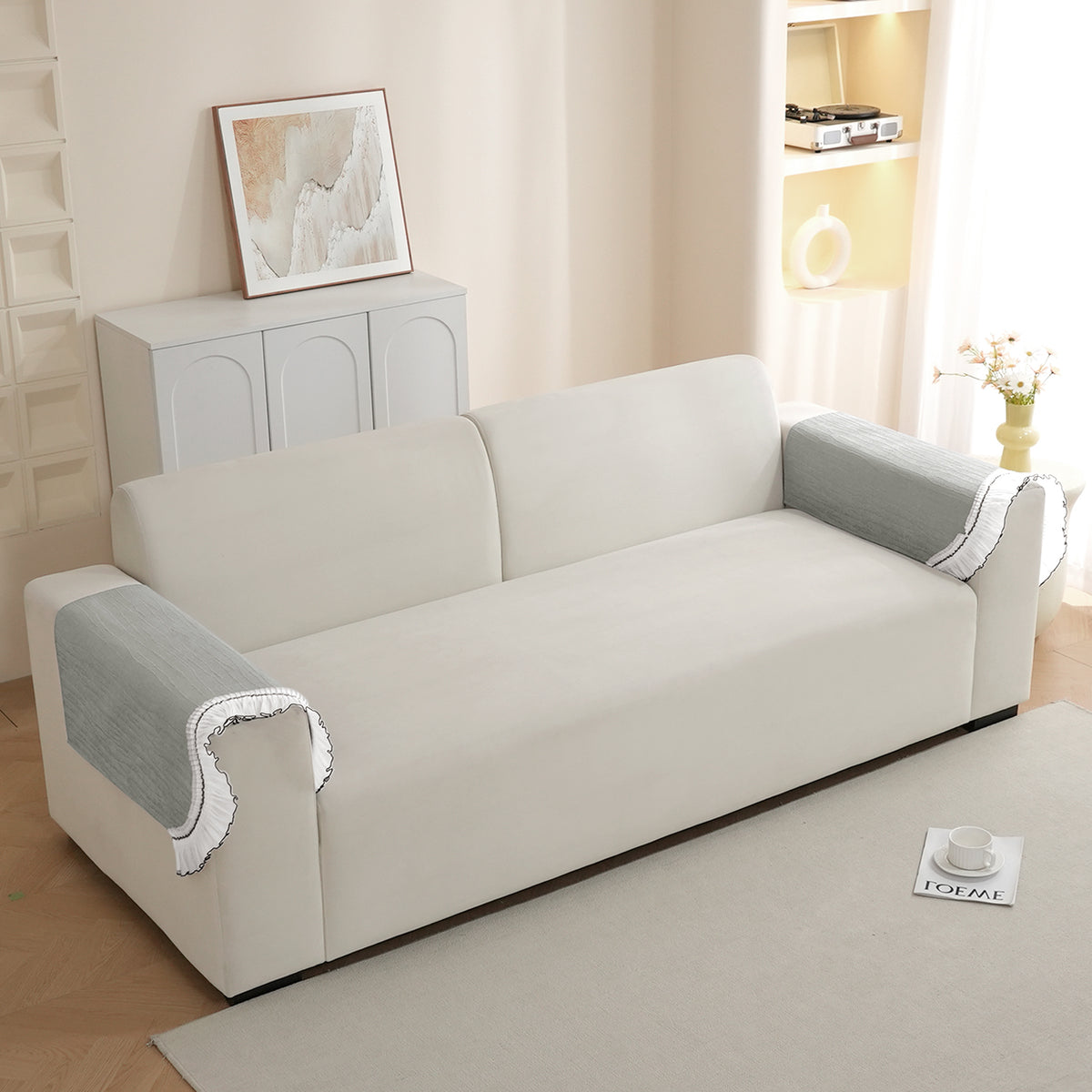 French Lace & Luxe with White Ruffle Edge Sofa Cover Mat, Featherlight Grey - view 18